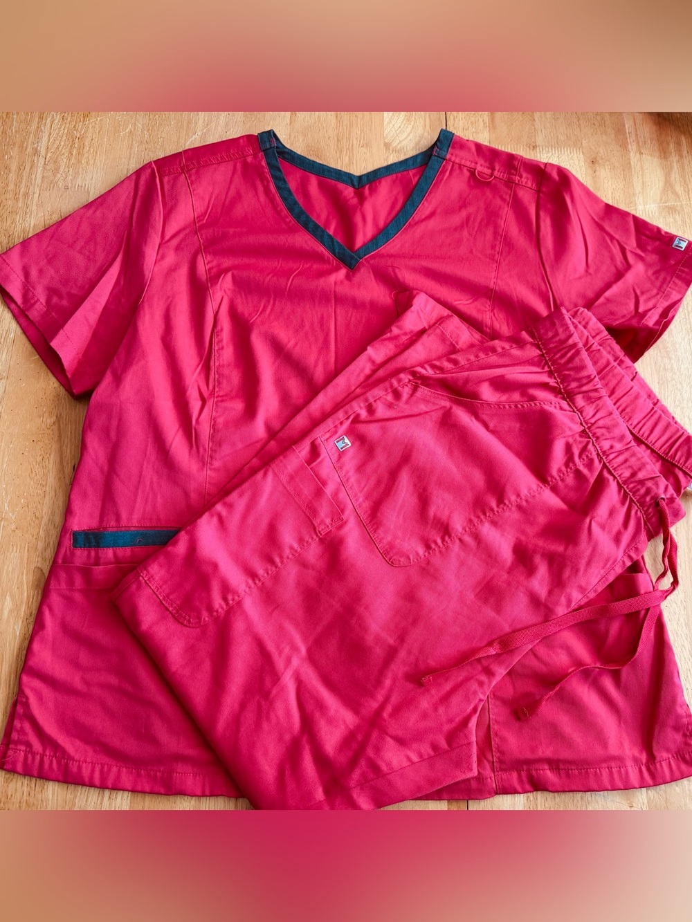 Coral and Grey Maevn V-Neck Scrub Top & Pants Set